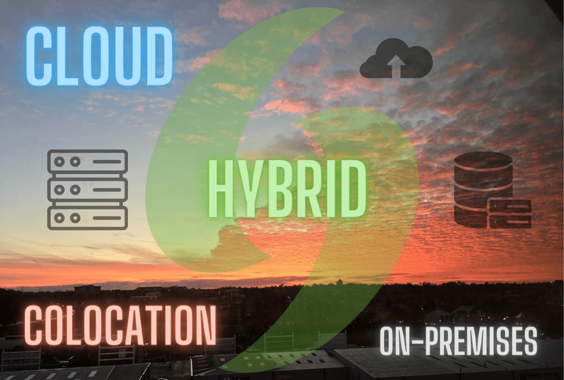 Partially cloudy sunset sky showing cloud, on-premises, colocation, or a hybrid approach