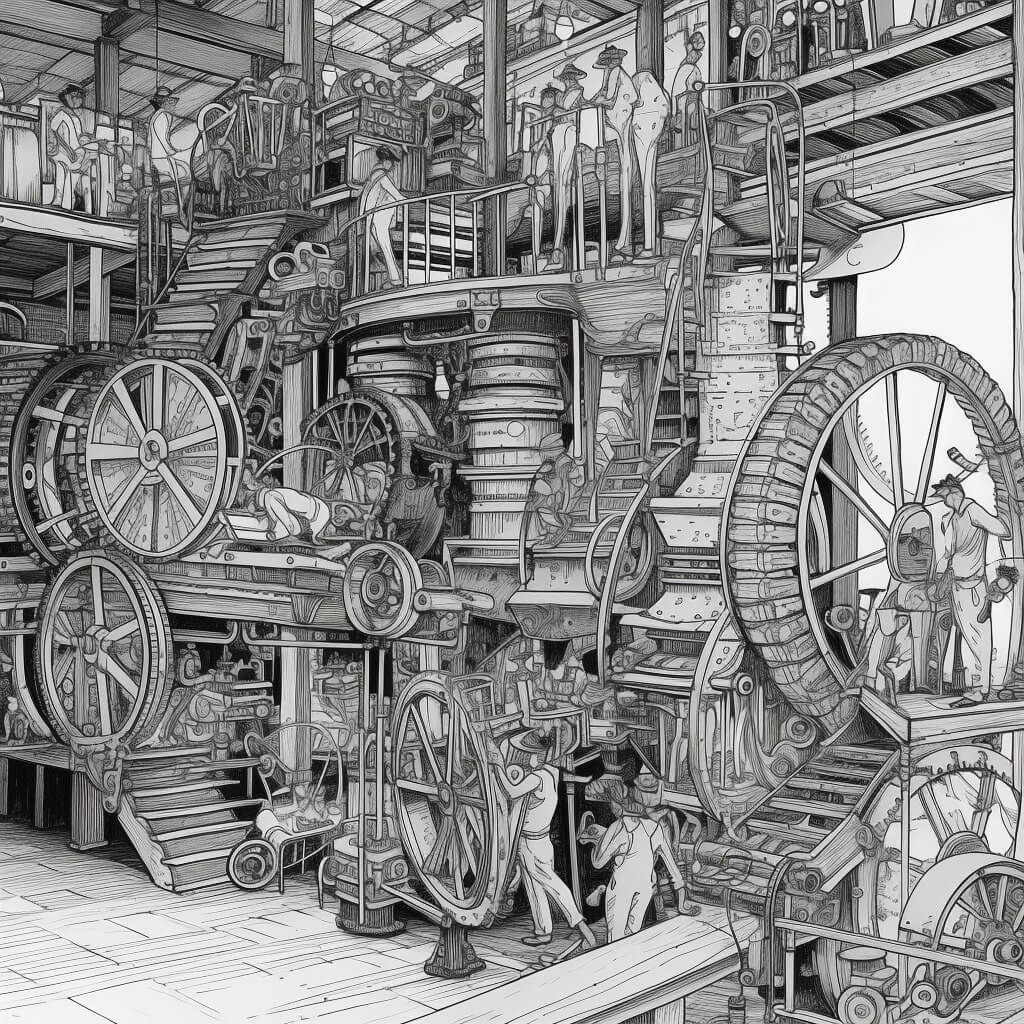 A drawing of an automated factory, in the style of W Heath Robinson.