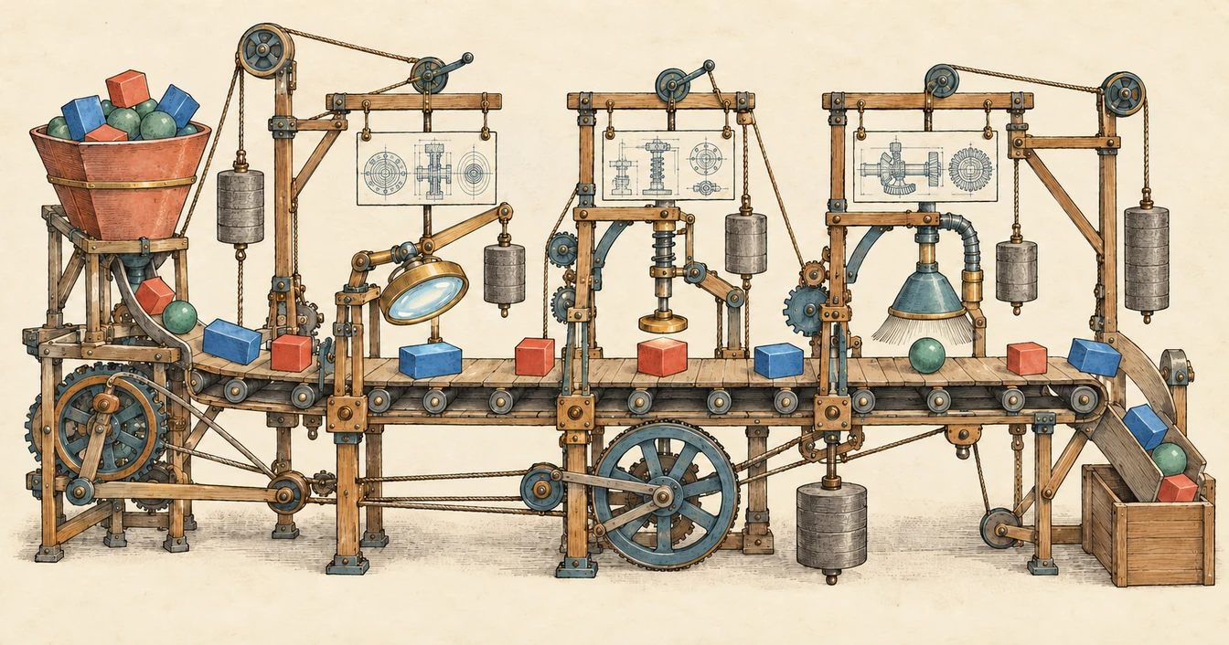 An intricate workshop conveyor carries coloured shapes past inspection mechanisms, with pulleys, counterweights and three hanging mechanical blueprint drawings.