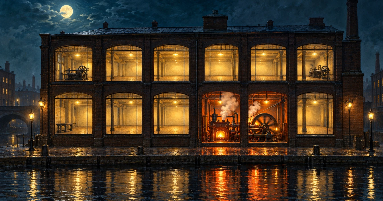 A moonlit mill with brightly lit empty rooms beside two working bays, where a glowing furnace, rising steam and a spinning flywheel stand out above the wet quayside.